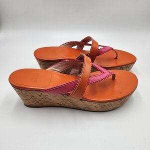 Stuart Weitzman Womens orange pink leather cork wedge heel sandals Sz 8M